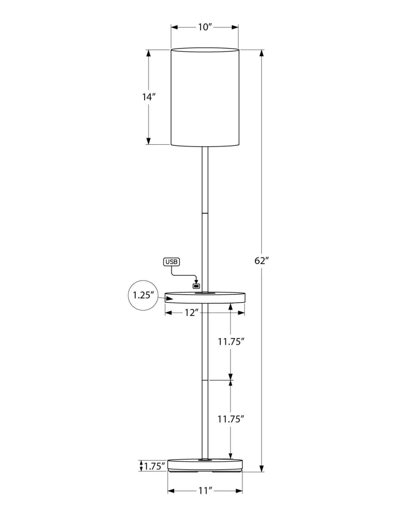 Lampe sur pied 62"H en métal avec port usb