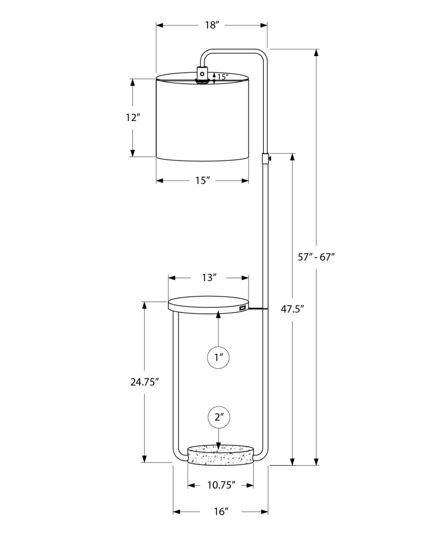Lampe sur pied 67"H en métal avec ports usb
