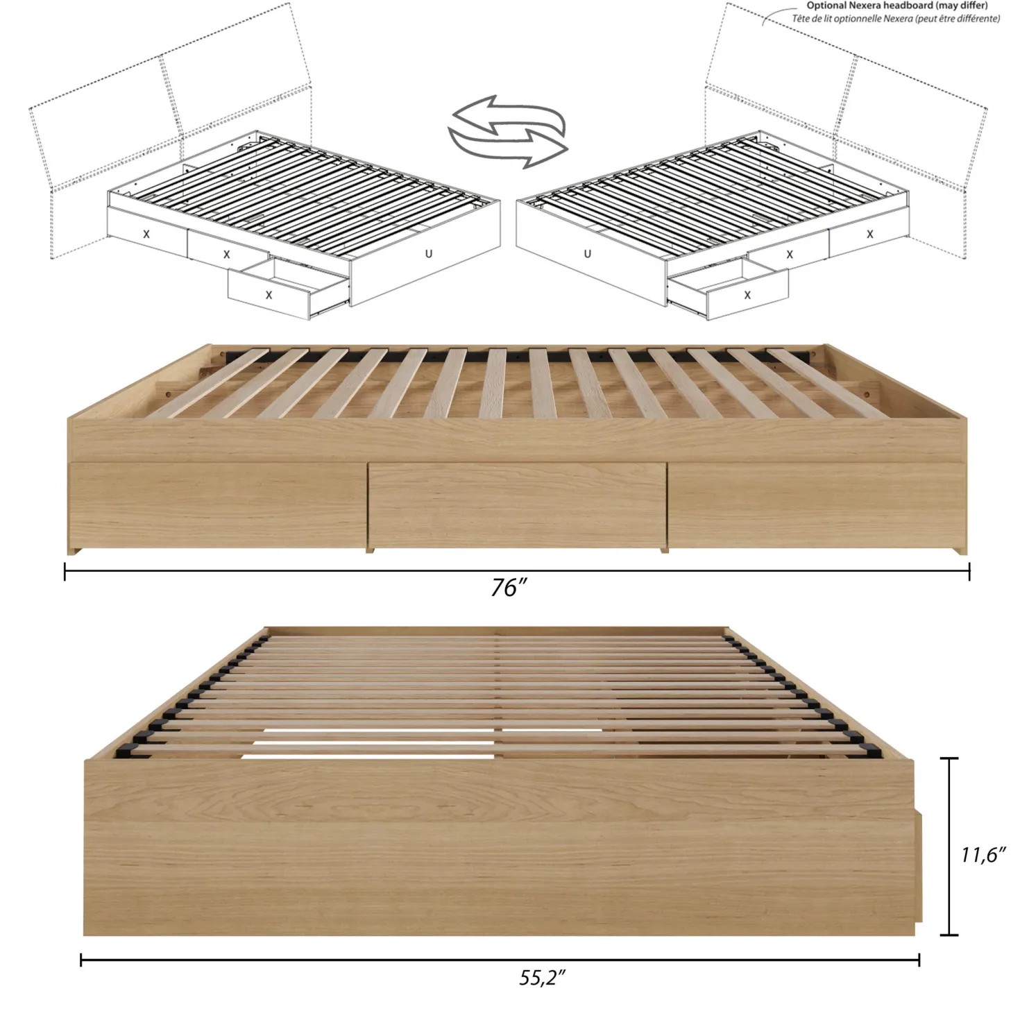 Lit double avec rangement 3 tiroirs (54") - Nexera
