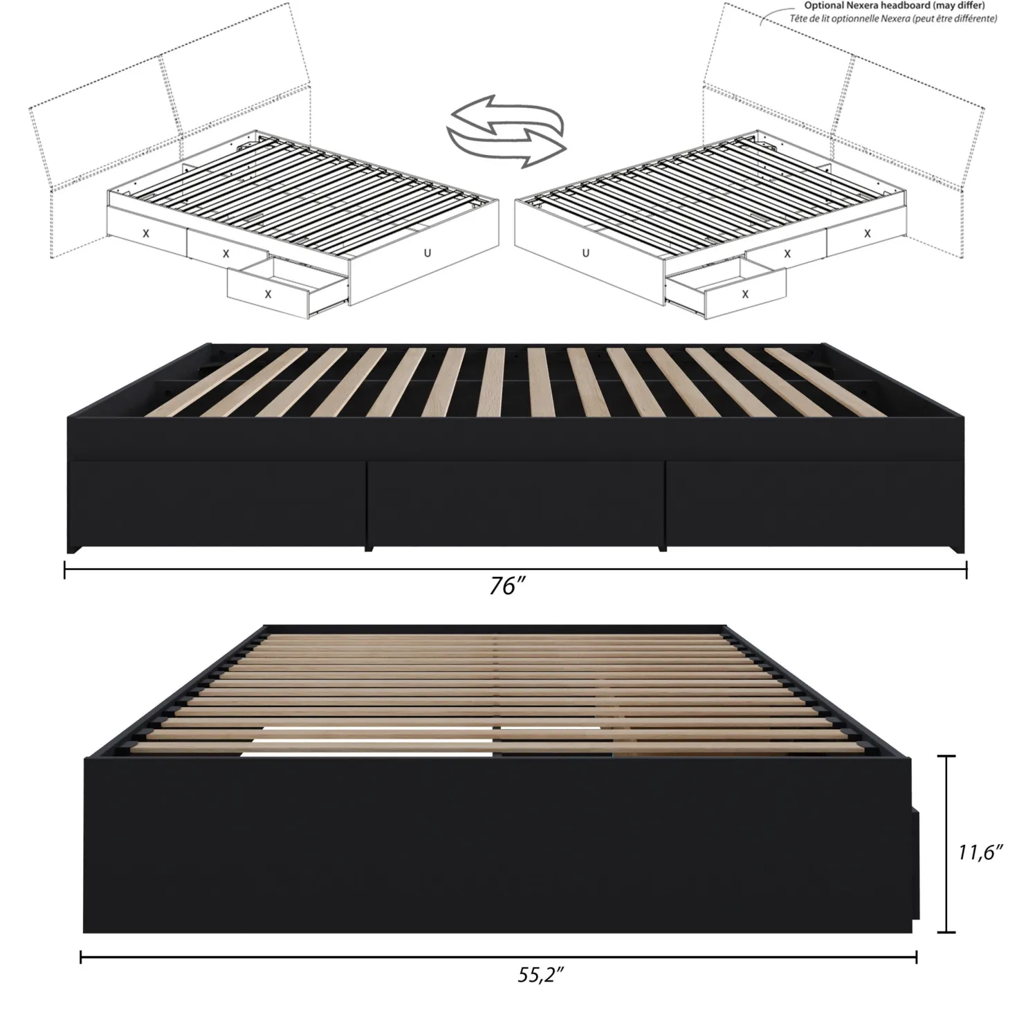 Lit double avec rangement 3 tiroirs (54") - Nexera