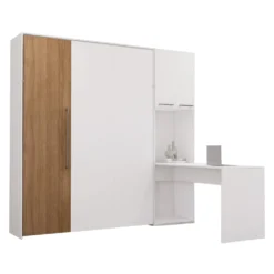 Lit escamotable queen, armoires de rangement et bureau - blanc et brun