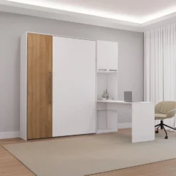 Lit escamotable queen, armoires de rangement et bureau - blanc et brun