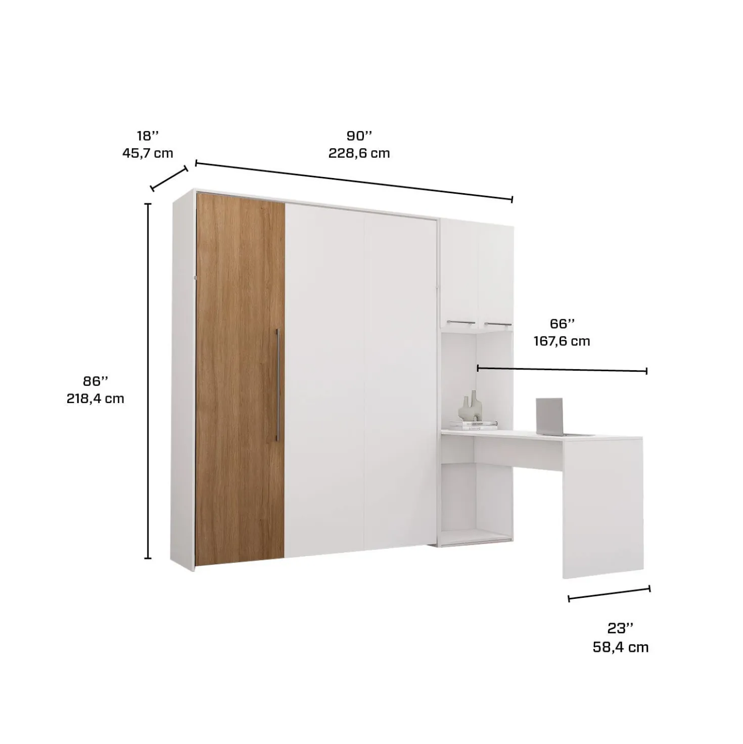 Lit escamotable queen, armoires de rangement et bureau - blanc et brun