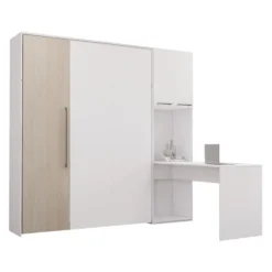 Lit escamotable queen, armoires de rangement et bureau - blanc et gris