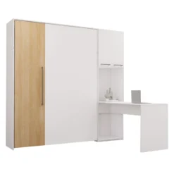Lit escamotable queen, armoires de rangement et bureau - blanc et naturel