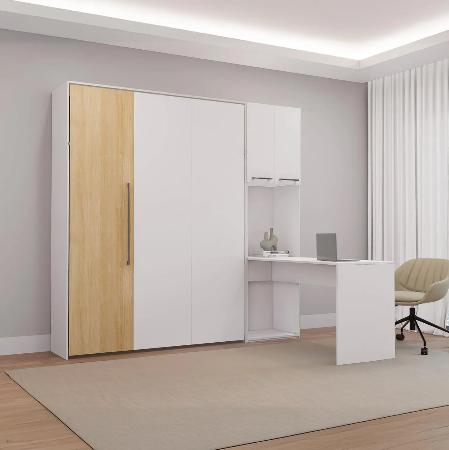 Lit escamotable queen, armoires de rangement et bureau - blanc et naturel