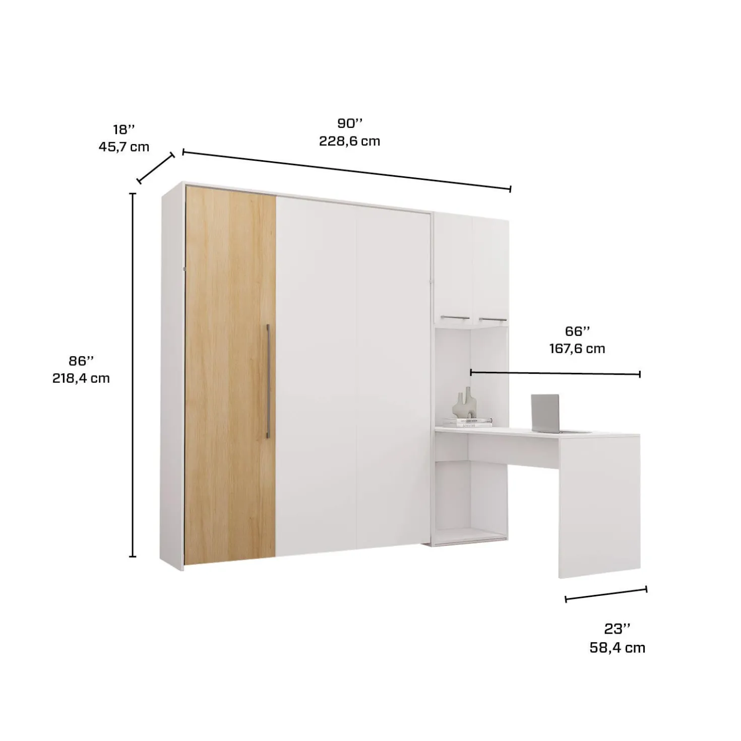 Lit escamotable queen, armoires de rangement et bureau - blanc et naturel