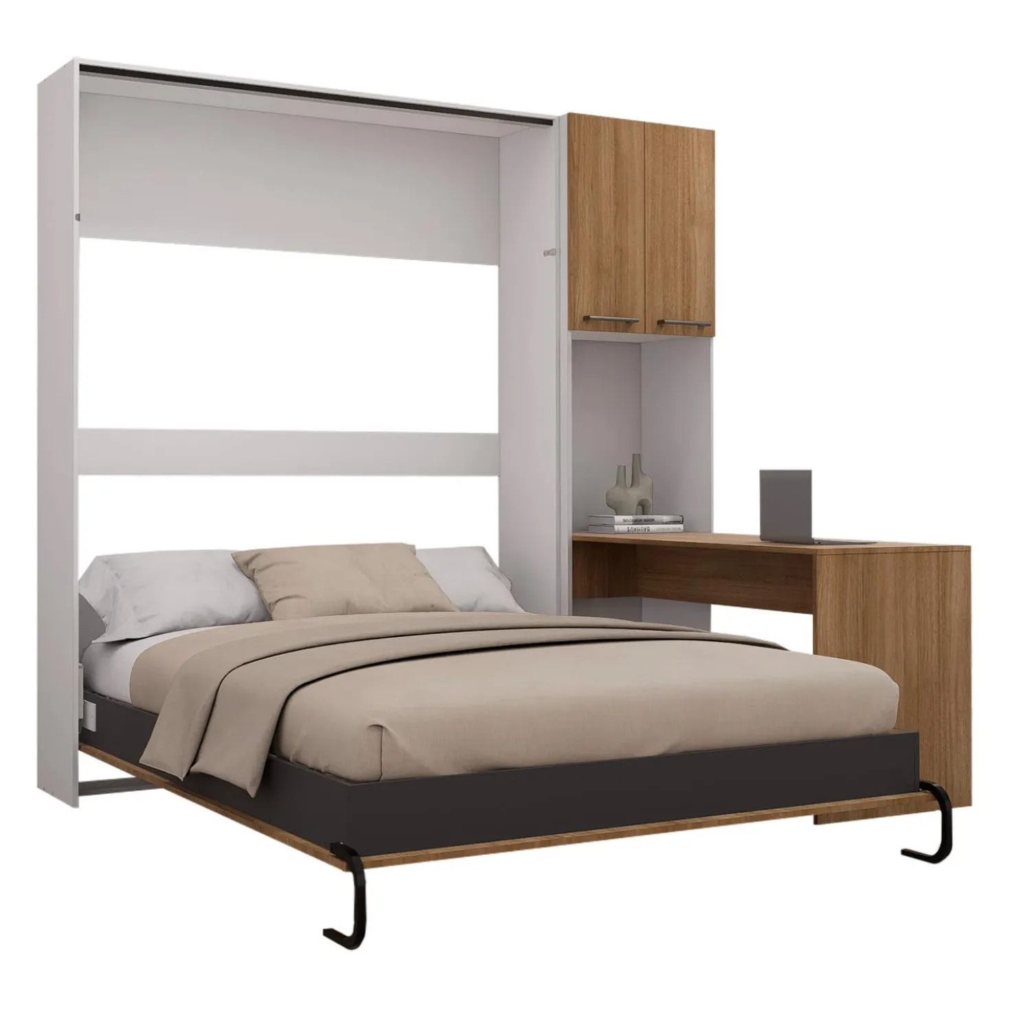 Lit escamotable queen, armoires de rangement et bureau - brun