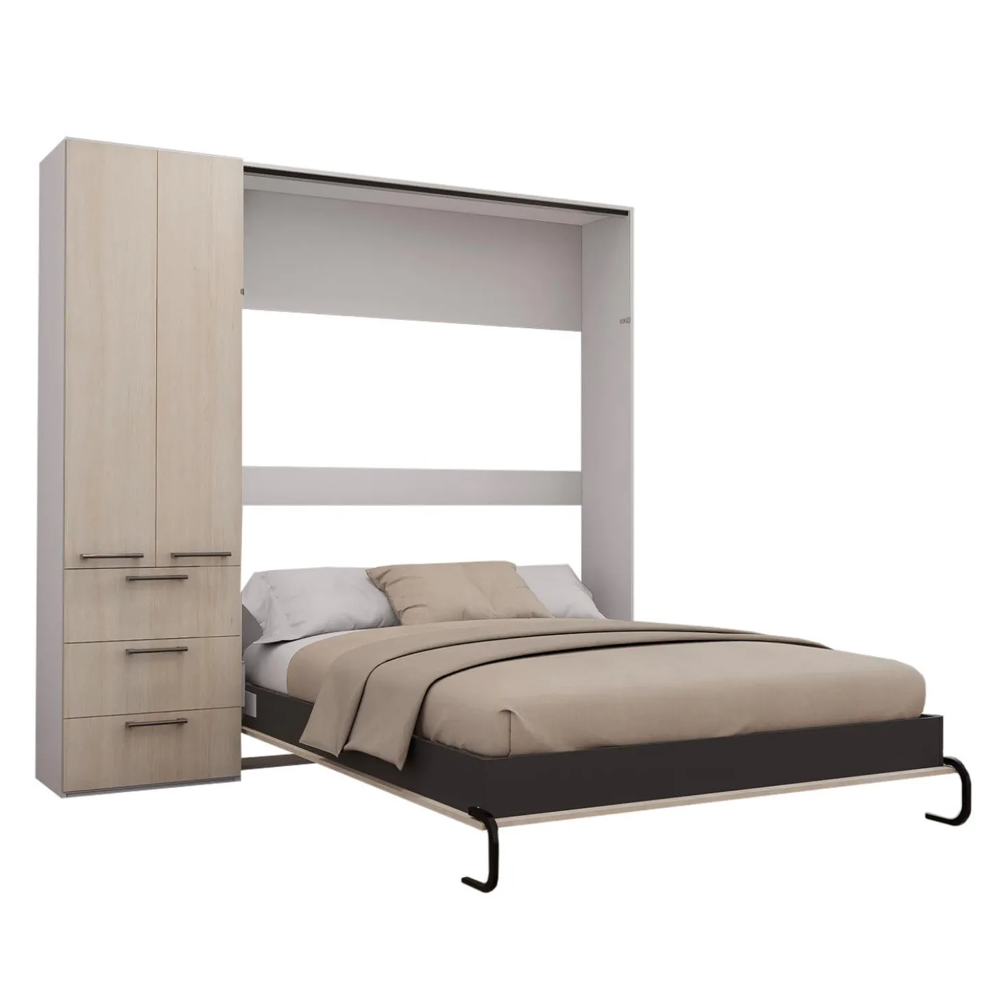 Lit escamotable queen et unité de rangement - gris