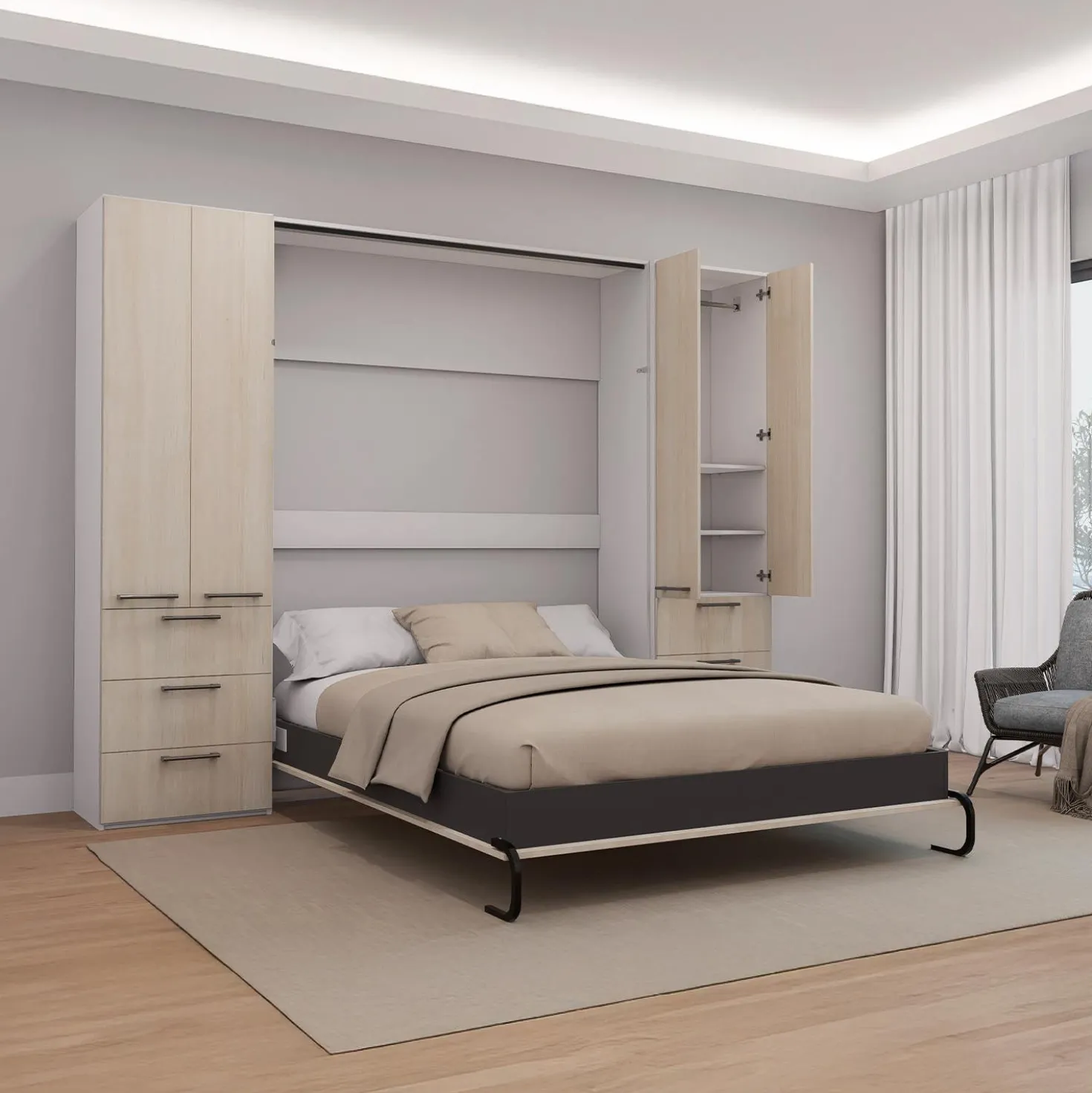 Lit escamotable queen et unités de rangement - gris