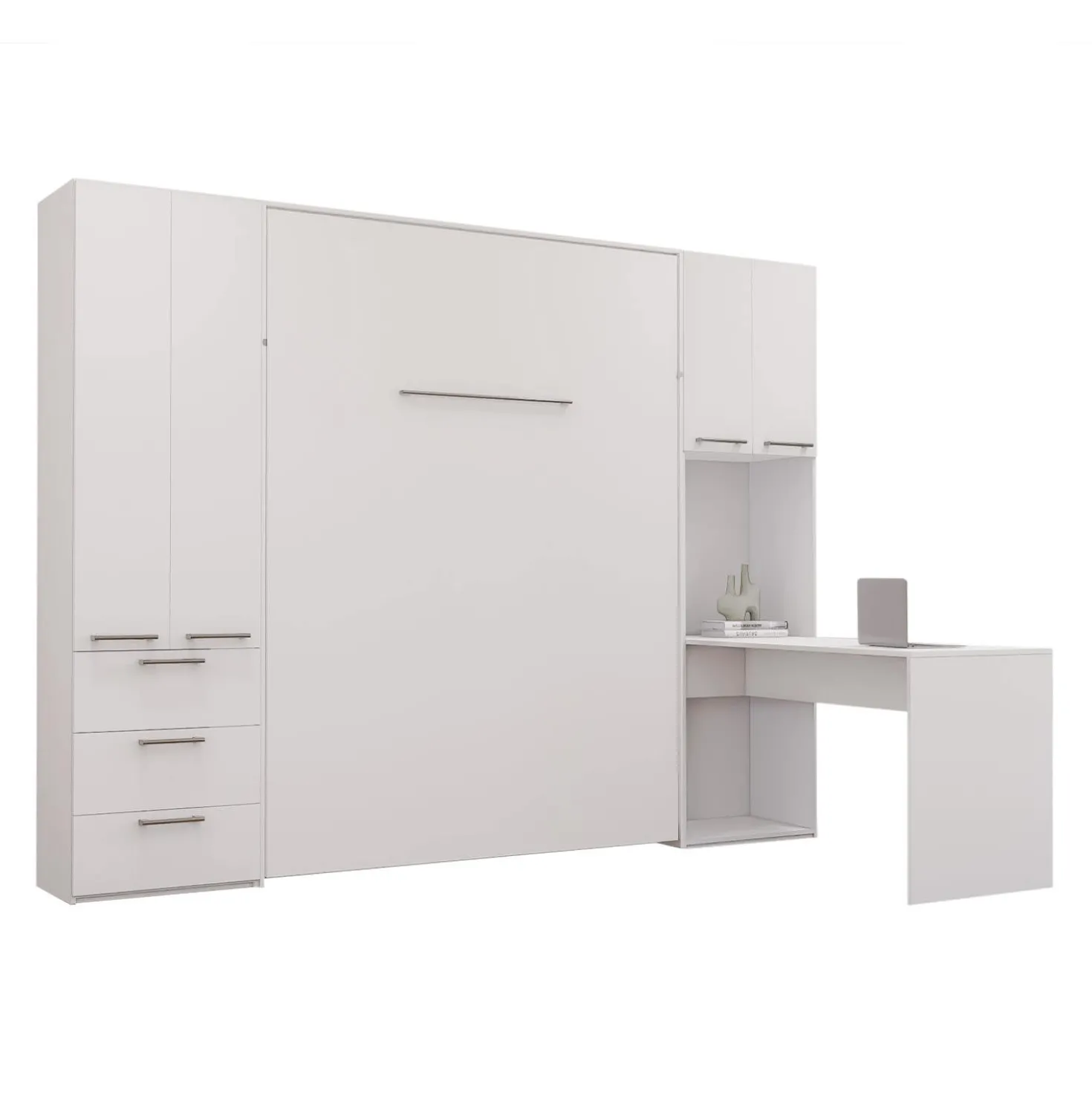 Lit escamotable queen, unités de rangement et bureau - blanc