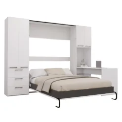 Lit escamotable queen, unités de rangement et bureau - blanc