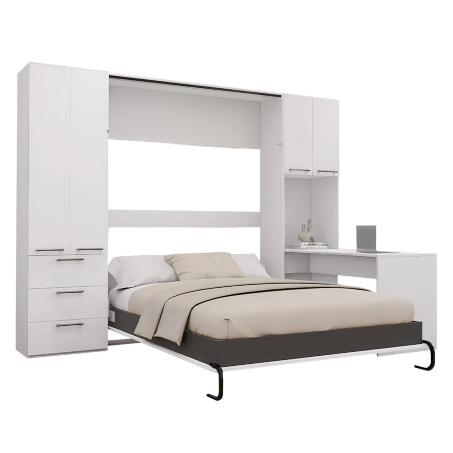 Lit escamotable queen, unités de rangement et bureau - blanc