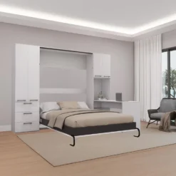 Lit escamotable queen, unités de rangement et bureau - blanc
