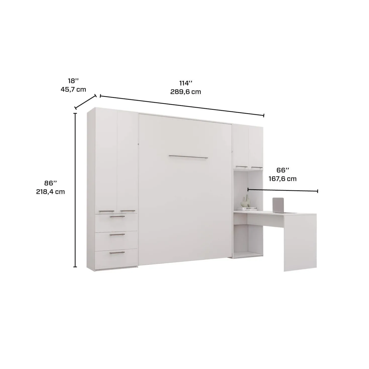 Lit escamotable queen, unités de rangement et bureau - blanc