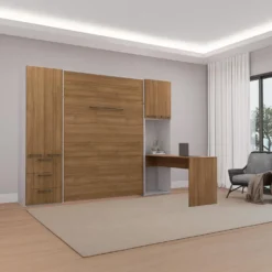 Lit escamotable queen, unités de rangement et bureau - brun