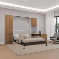 Lit escamotable queen, unités de rangement et bureau - brun