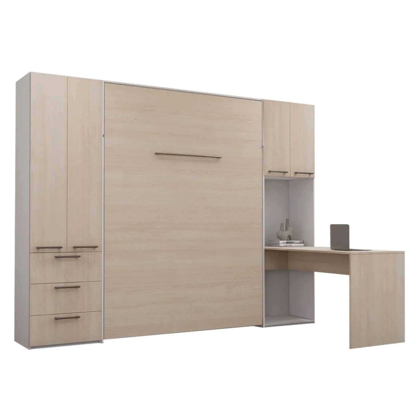 Lit escamotable queen, unités de rangement et bureau - gris