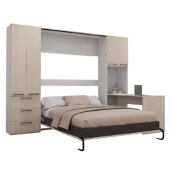 Lit escamotable queen, unités de rangement et bureau - gris