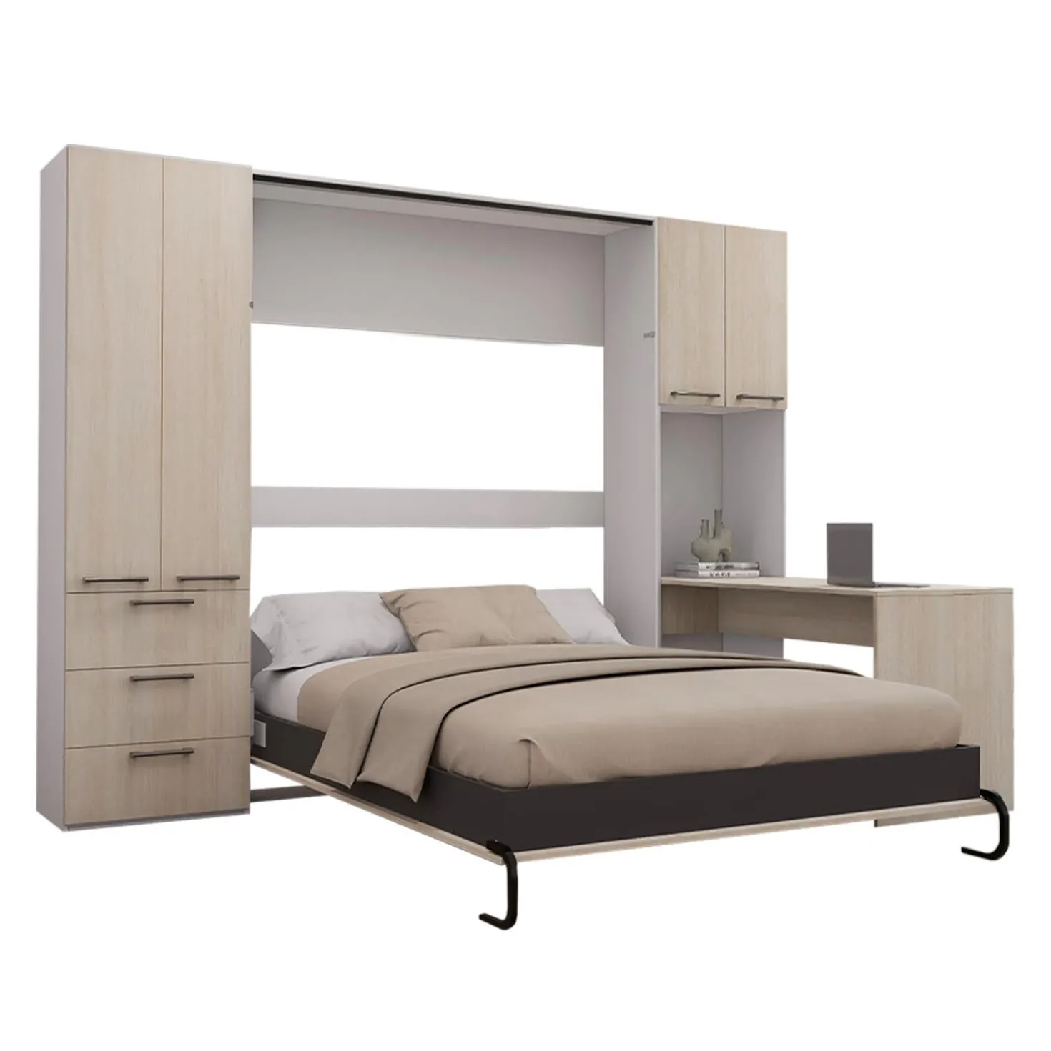 Lit escamotable queen, unités de rangement et bureau - gris