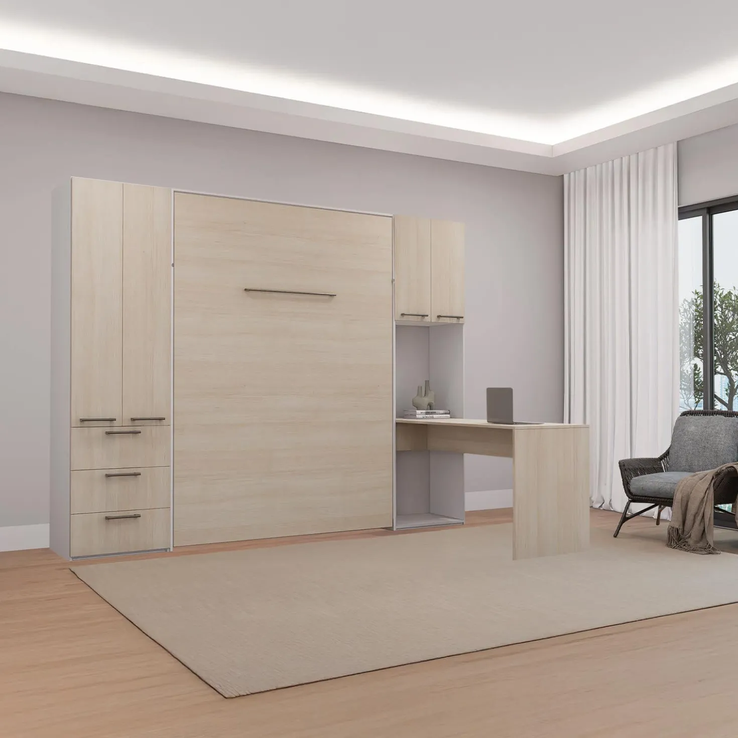 Lit escamotable queen, unités de rangement et bureau - gris