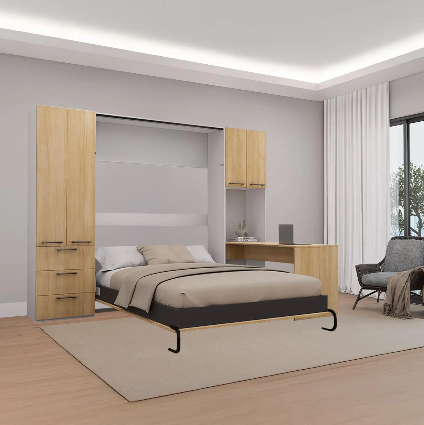 Lit escamotable queen, unités de rangement et bureau - naturel