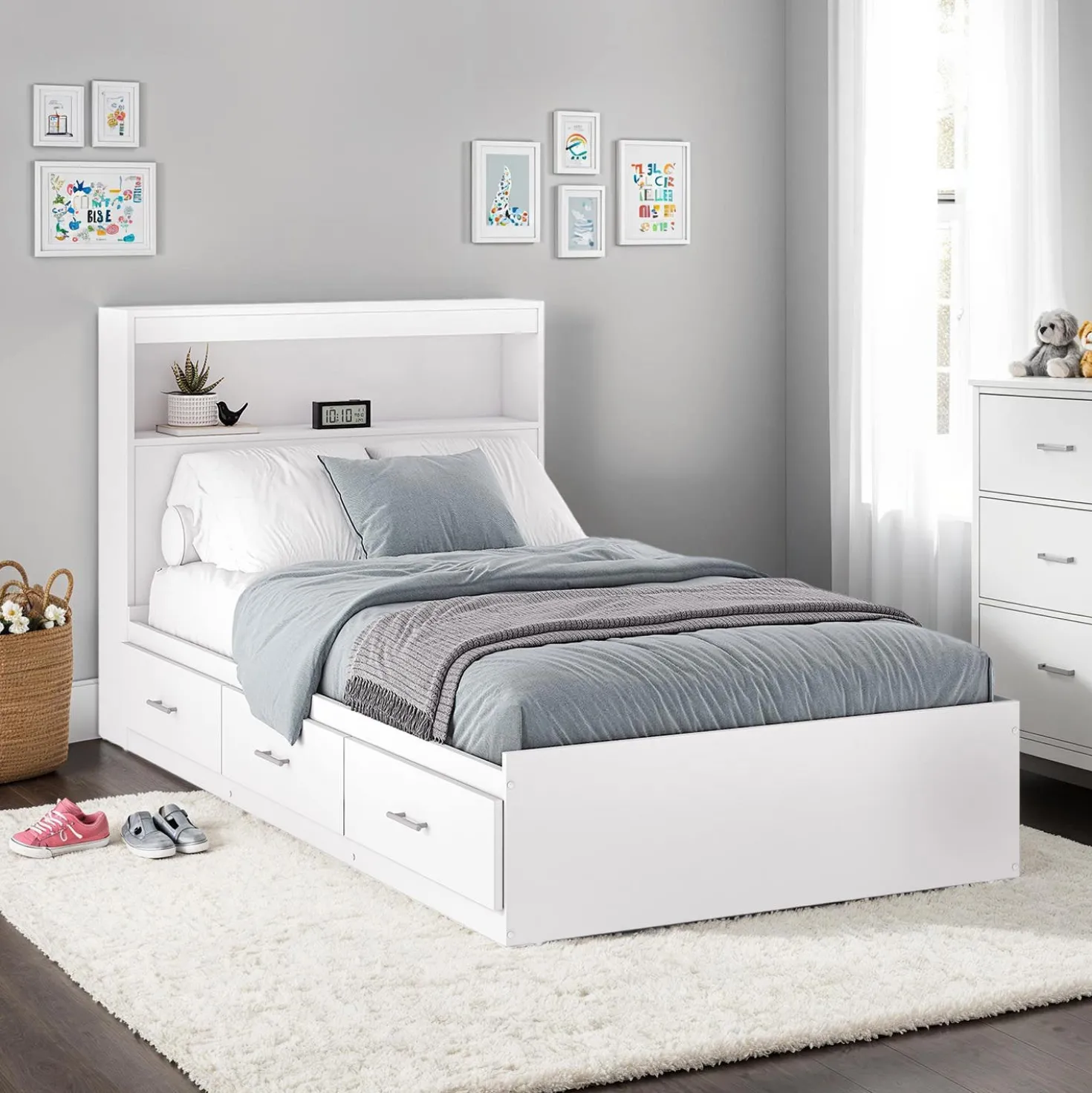 Lit simple avec rangement 3 tiroirs et tête de lit (39")