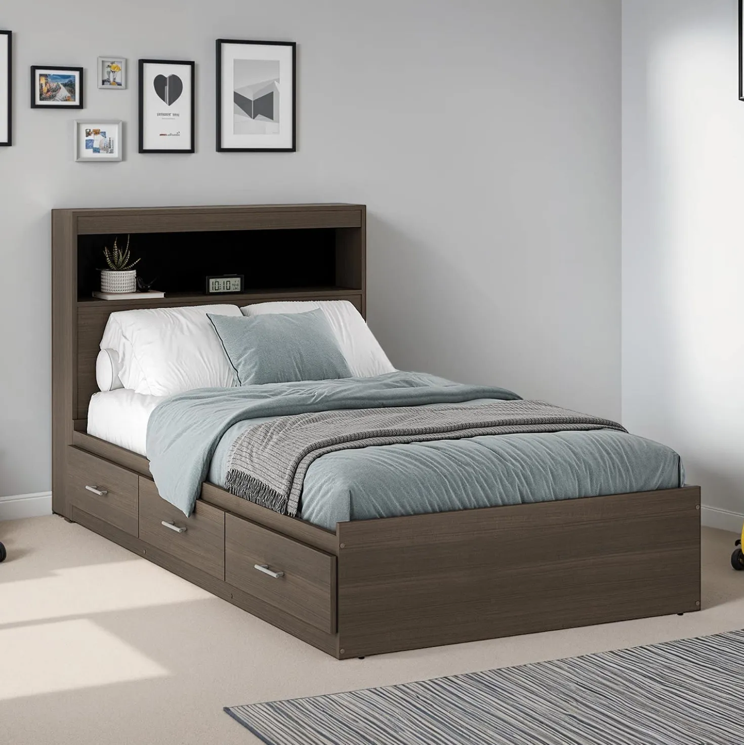 Lit simple avec rangement 3 tiroirs et tête de lit (39")