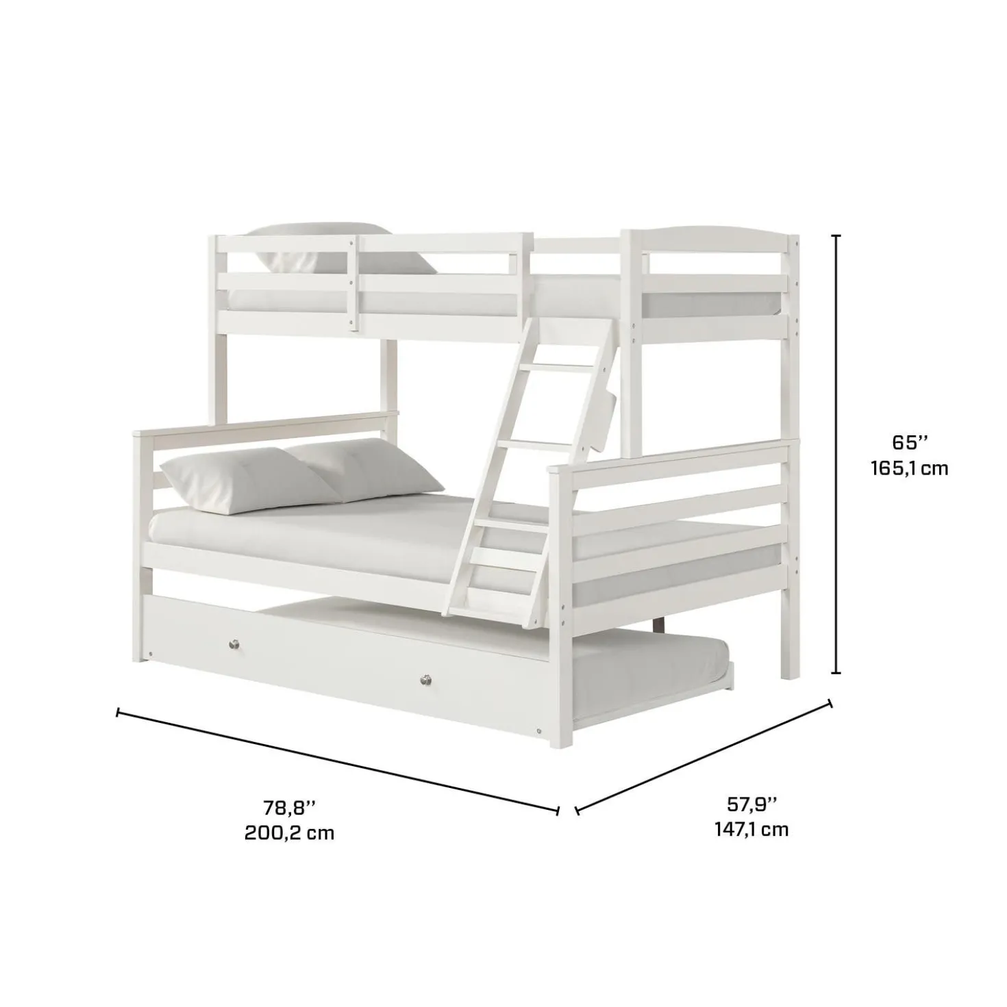 Lit superposé blanc avec lit gigogne - 39"/54"