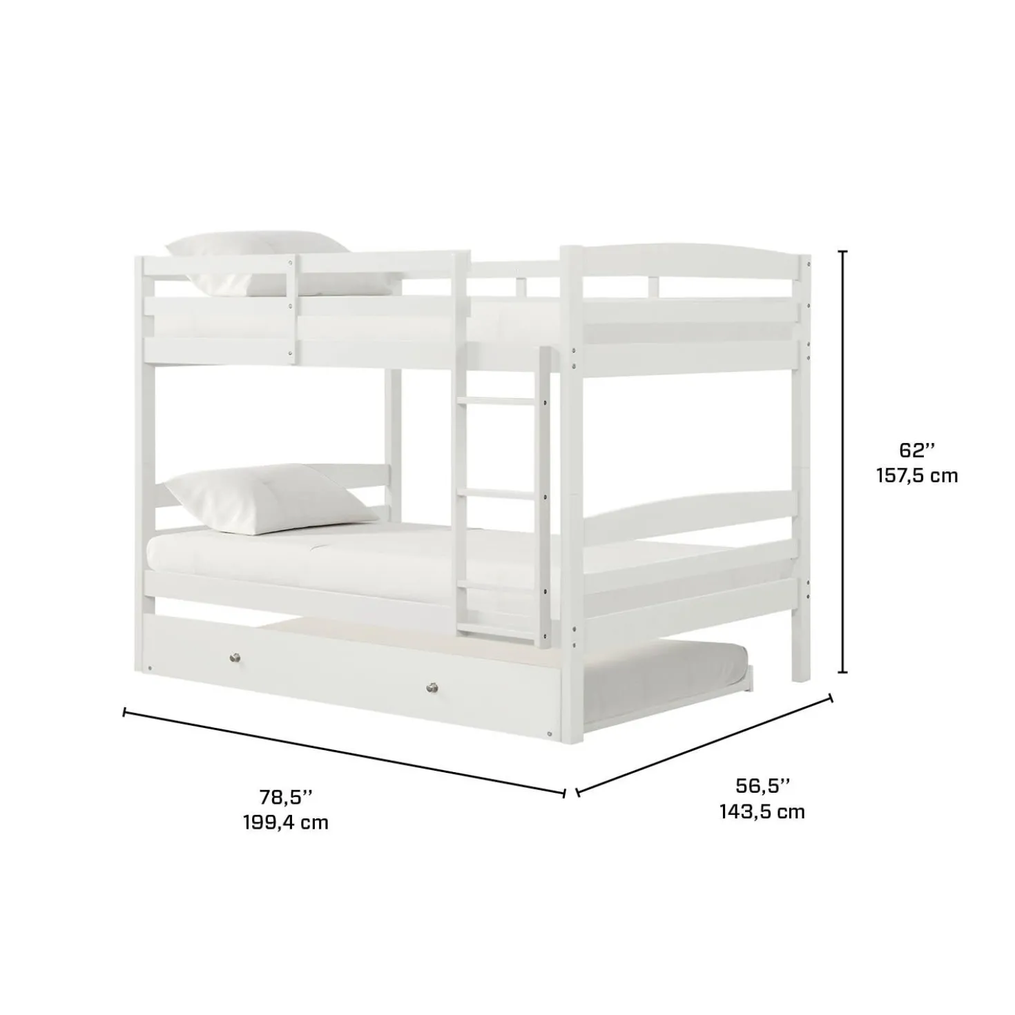 Lit superposé blanc avec lit gigogne - 54"/54"