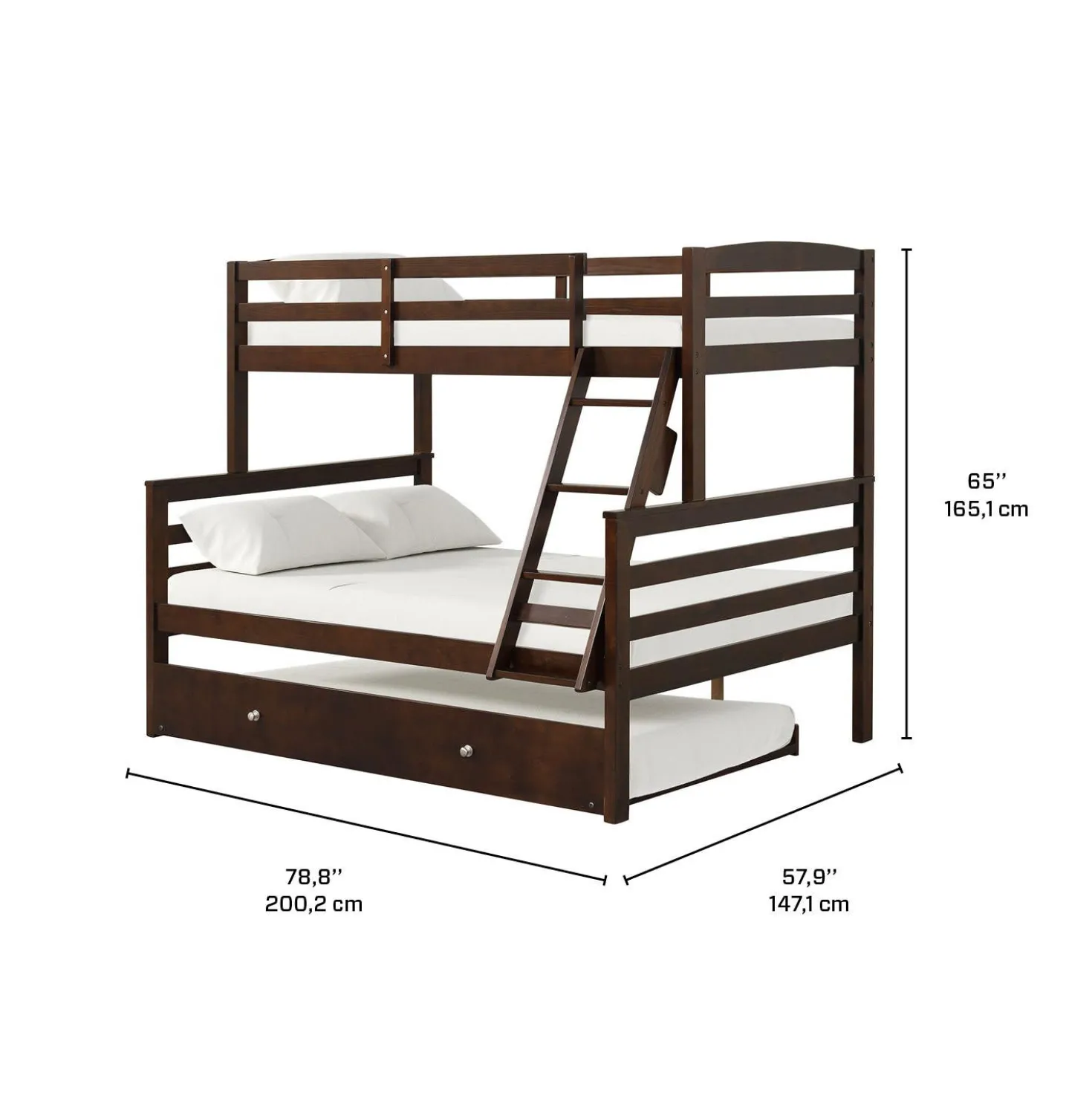 Lit superposé brun avec lit gigogne - 39"/54"