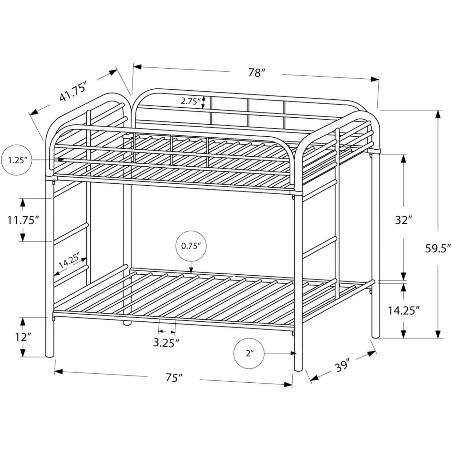 Lit superposé en métal 39"/39" - Monarch