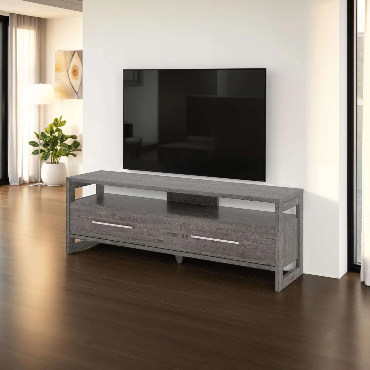Meuble TV avec tiroirs 63" - gris