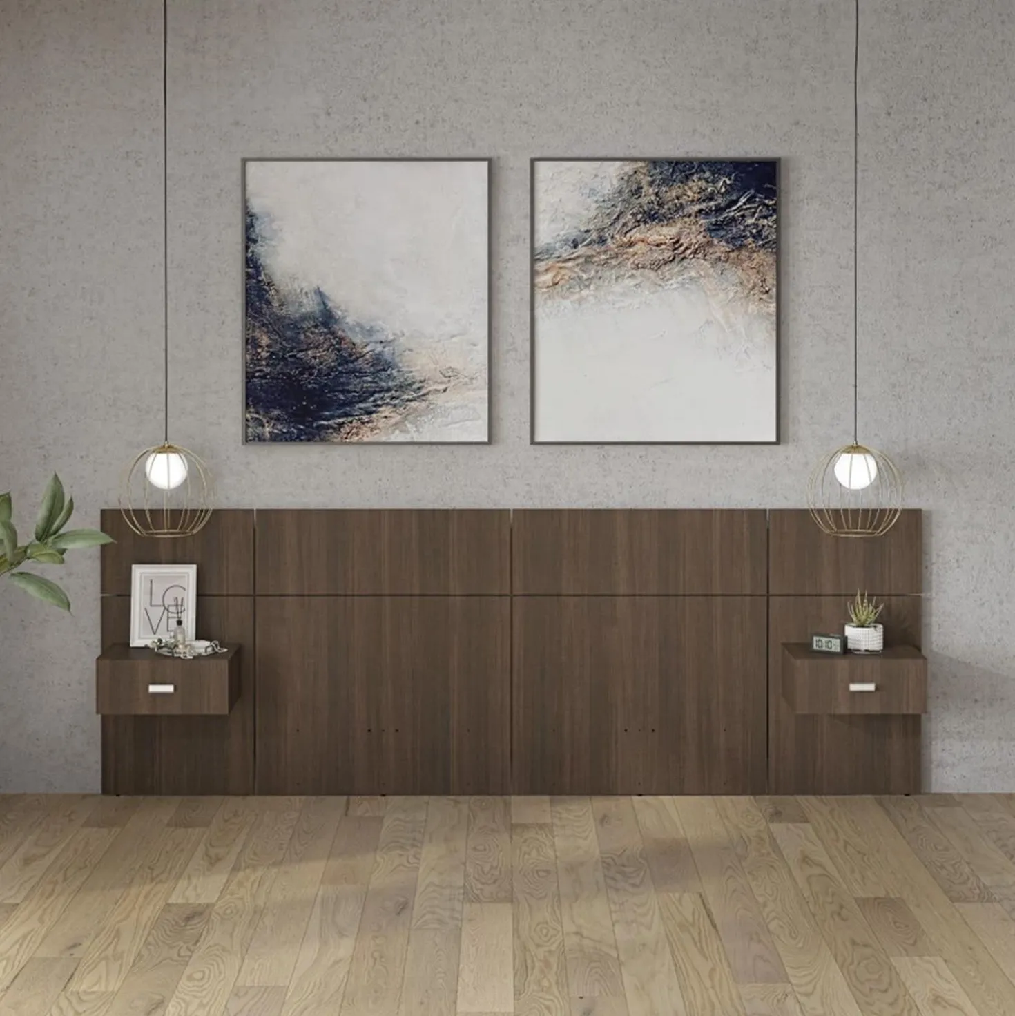 Panneaux avec 2 tables de chevet intégrées pour lits queen - taupe