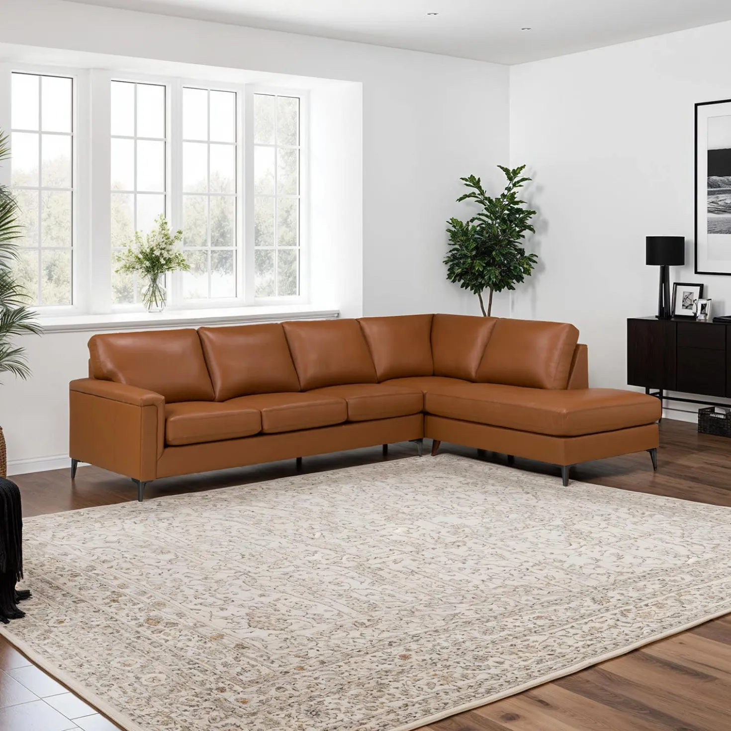 Sectionnel avec chaise longue à droite en cuir véritable - cognac