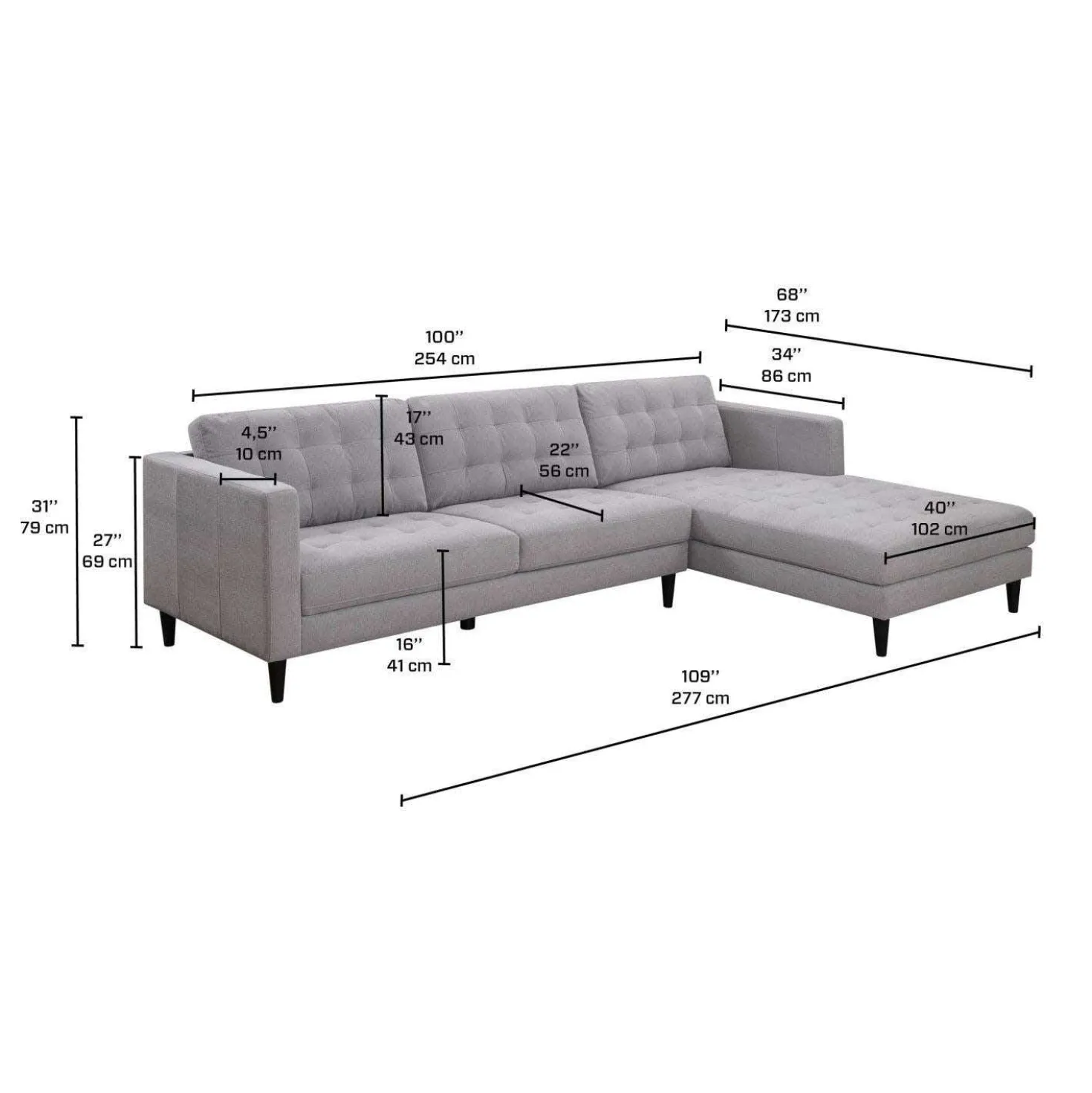 Sectionnel avec chaise longue à droite - gris