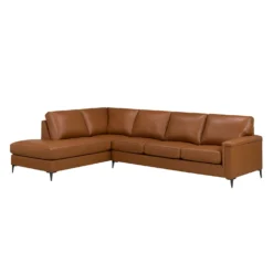 Sectionnel avec chaise longue à gauche en cuir véritable - cognac