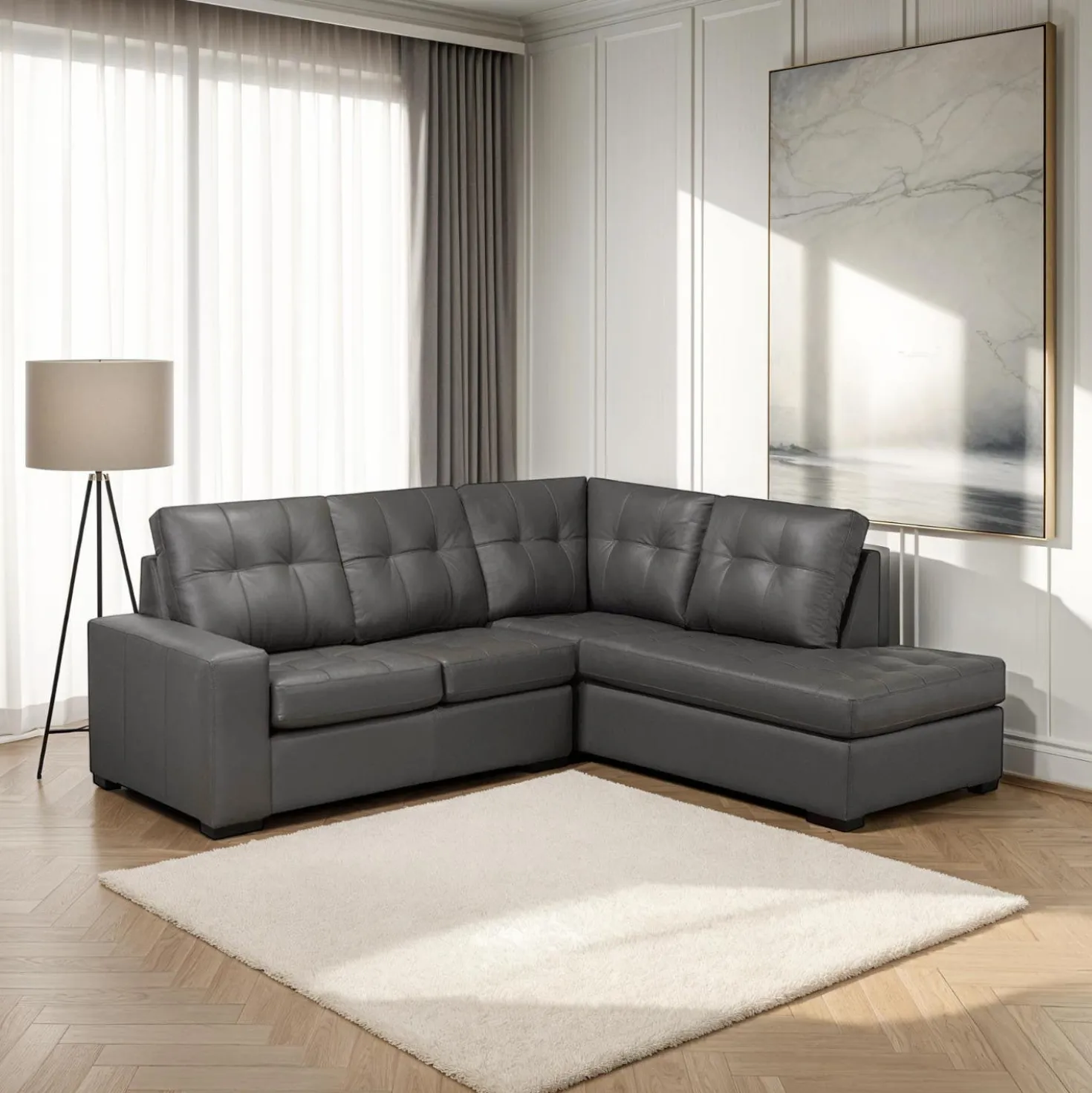 Sectionnel causeuse en cuir véritable - Chaise longue à droite