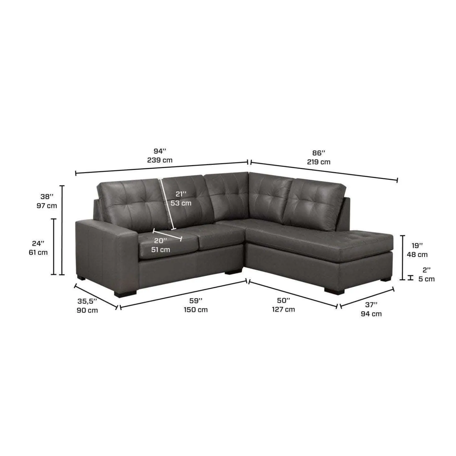 Sectionnel causeuse en cuir véritable - Chaise longue à droite