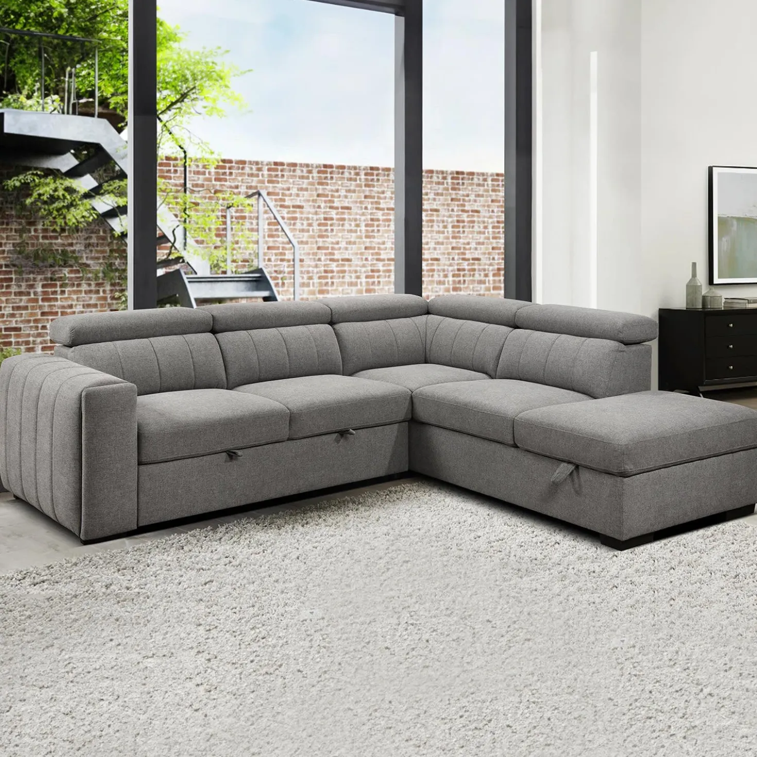 Sectionnel convertible avec chaise longue à droite, appuis-tête ajustables et rangement