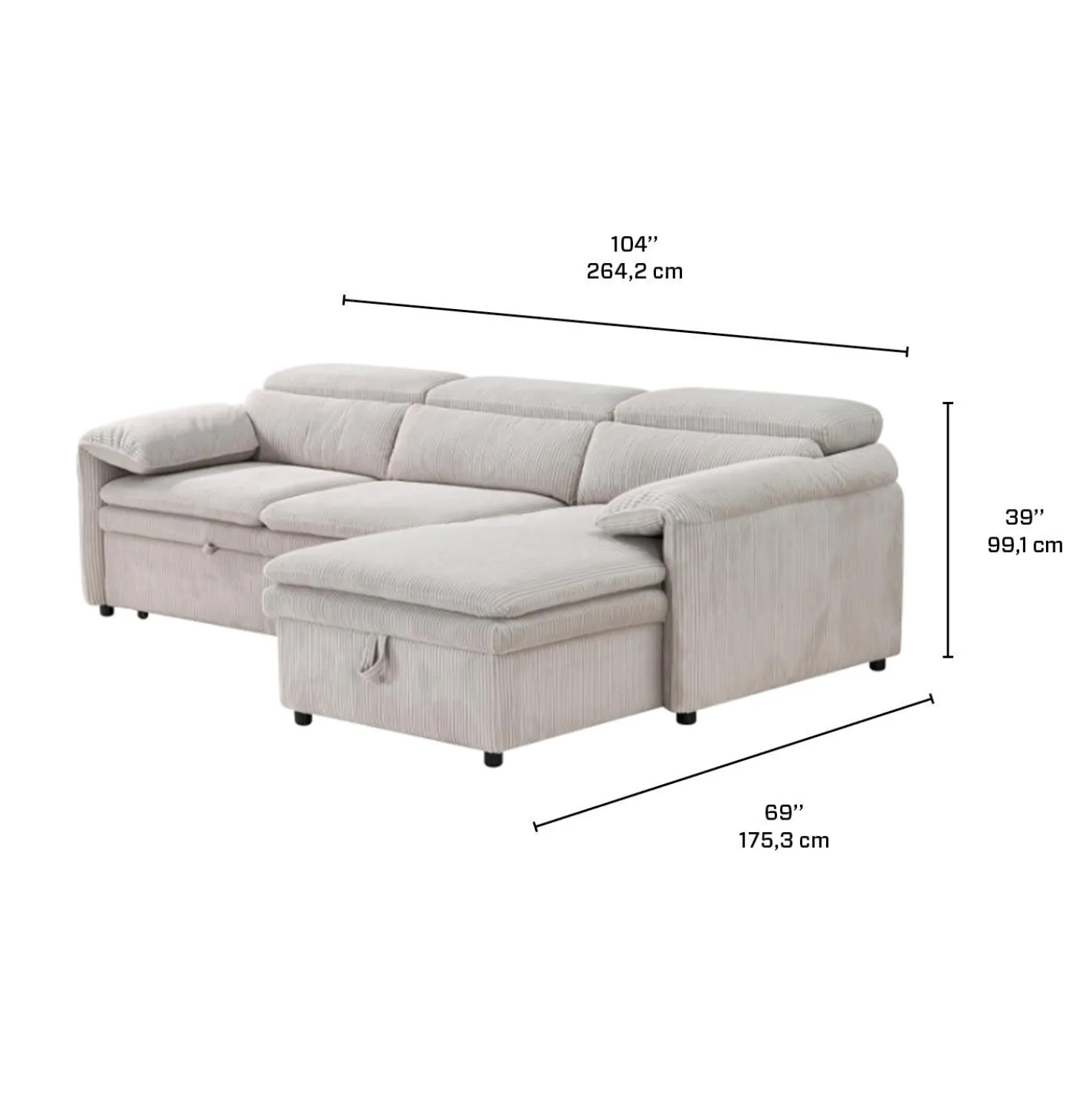 Sectionnel convertible avec chaise longue côté droit et rangement - beige