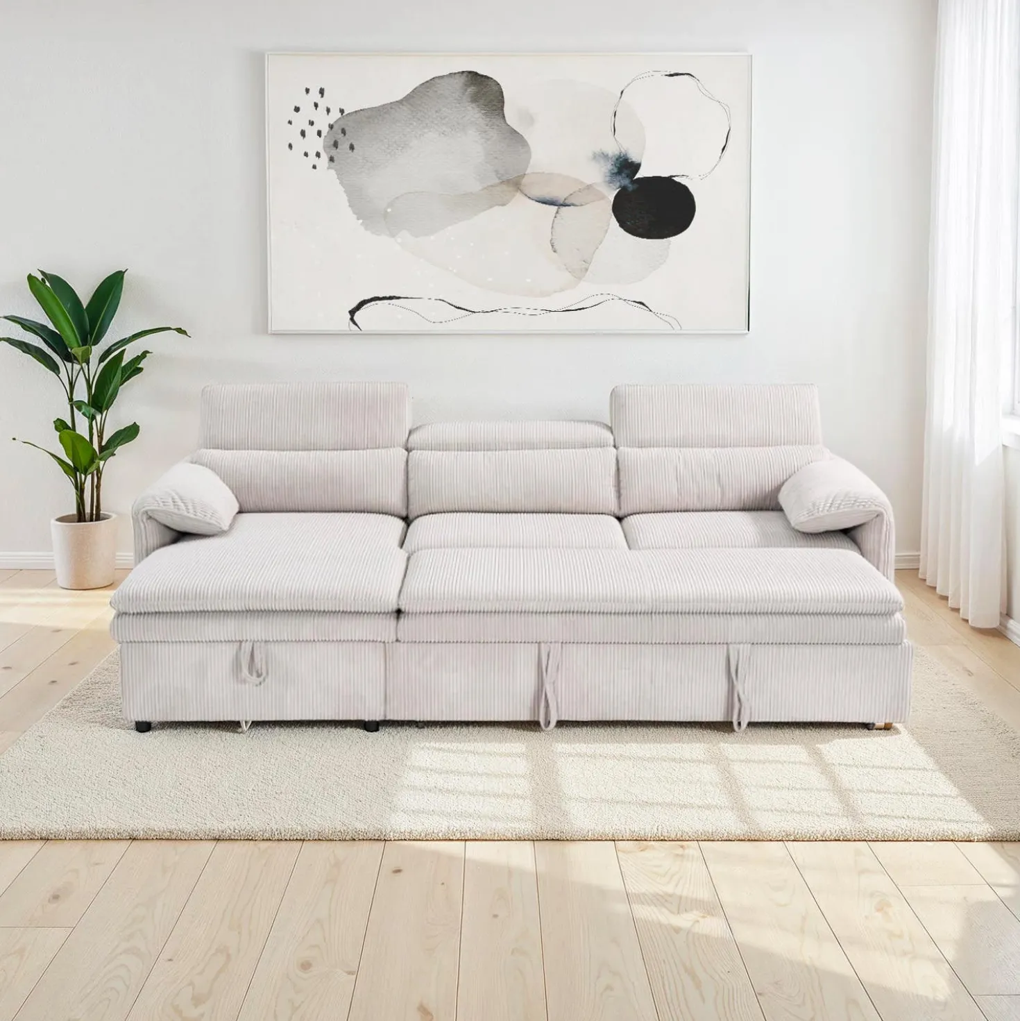 Sectionnel convertible avec chaise longue côté gauche et rangement - beige