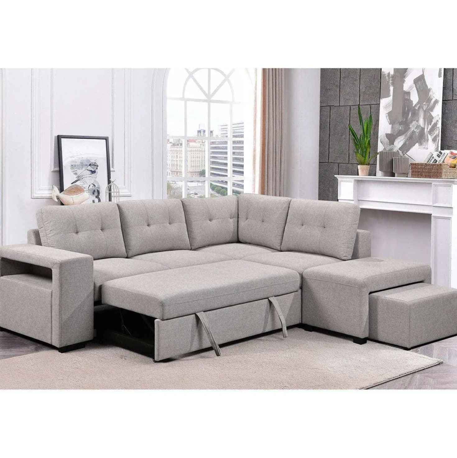 Sectionnel convertible avec chaise longue, rangement et 2 ottomans amovibles