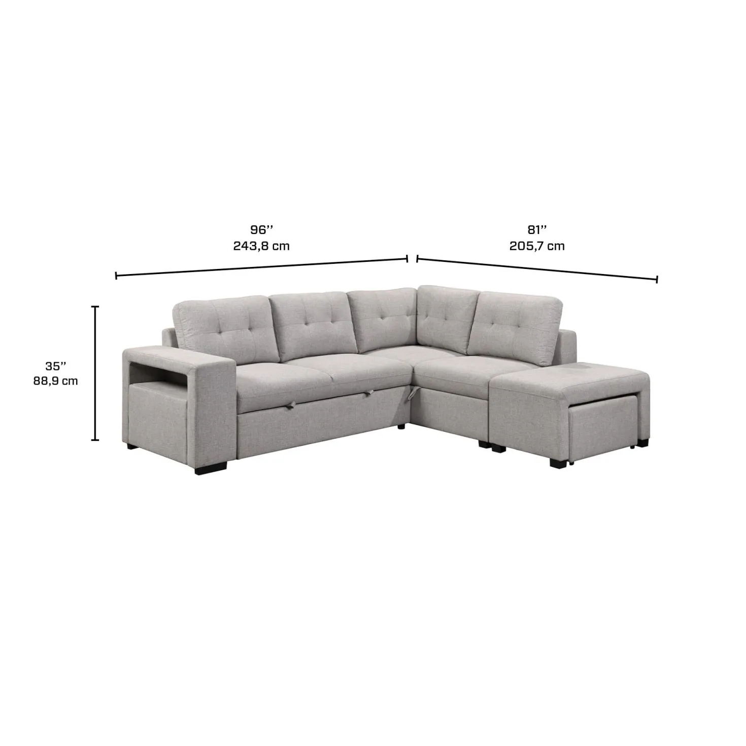 Sectionnel convertible avec chaise longue, rangement et 2 ottomans amovibles