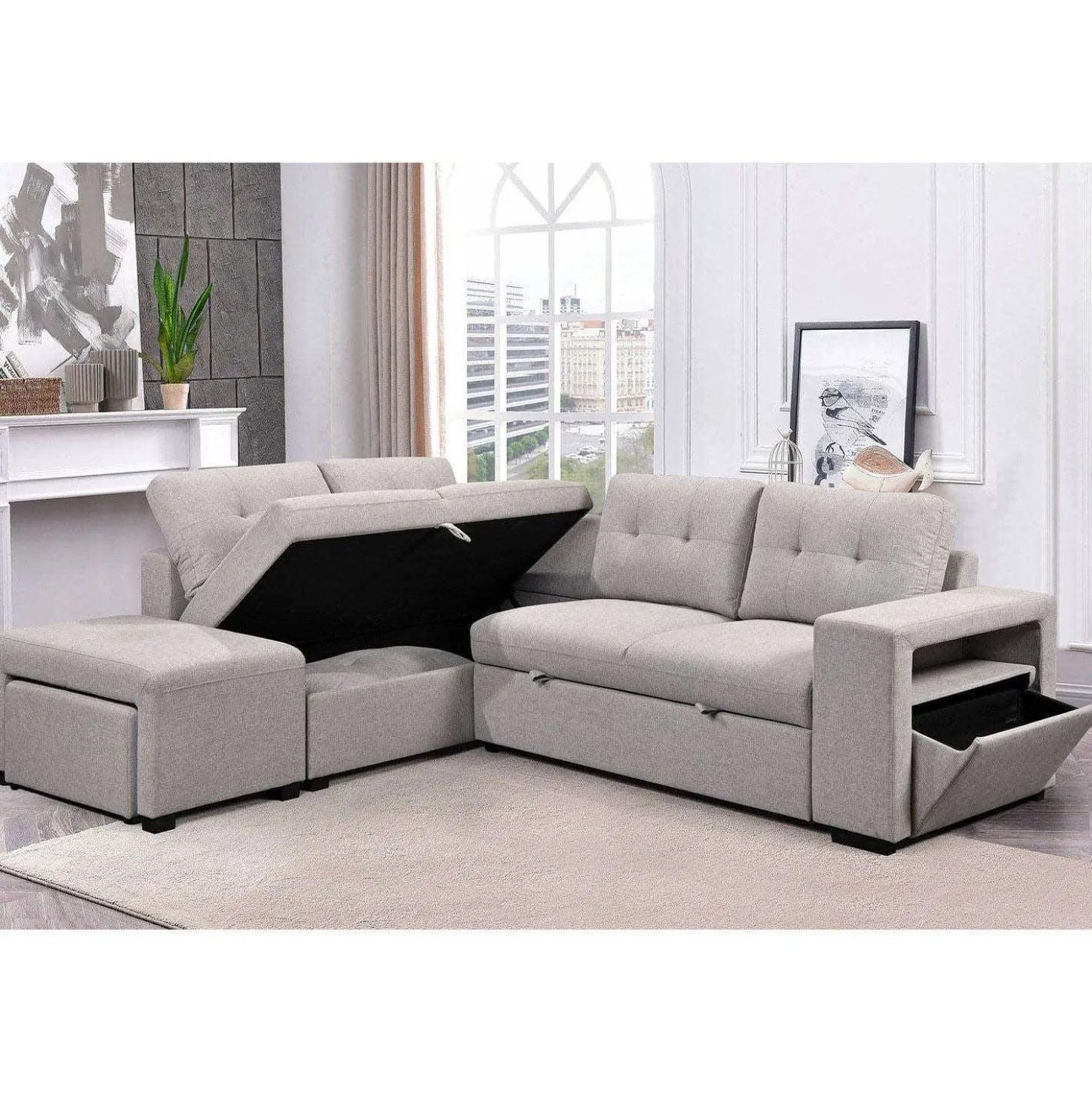 Sectionnel convertible avec chaise longue, rangement et 2 ottomans amovibles