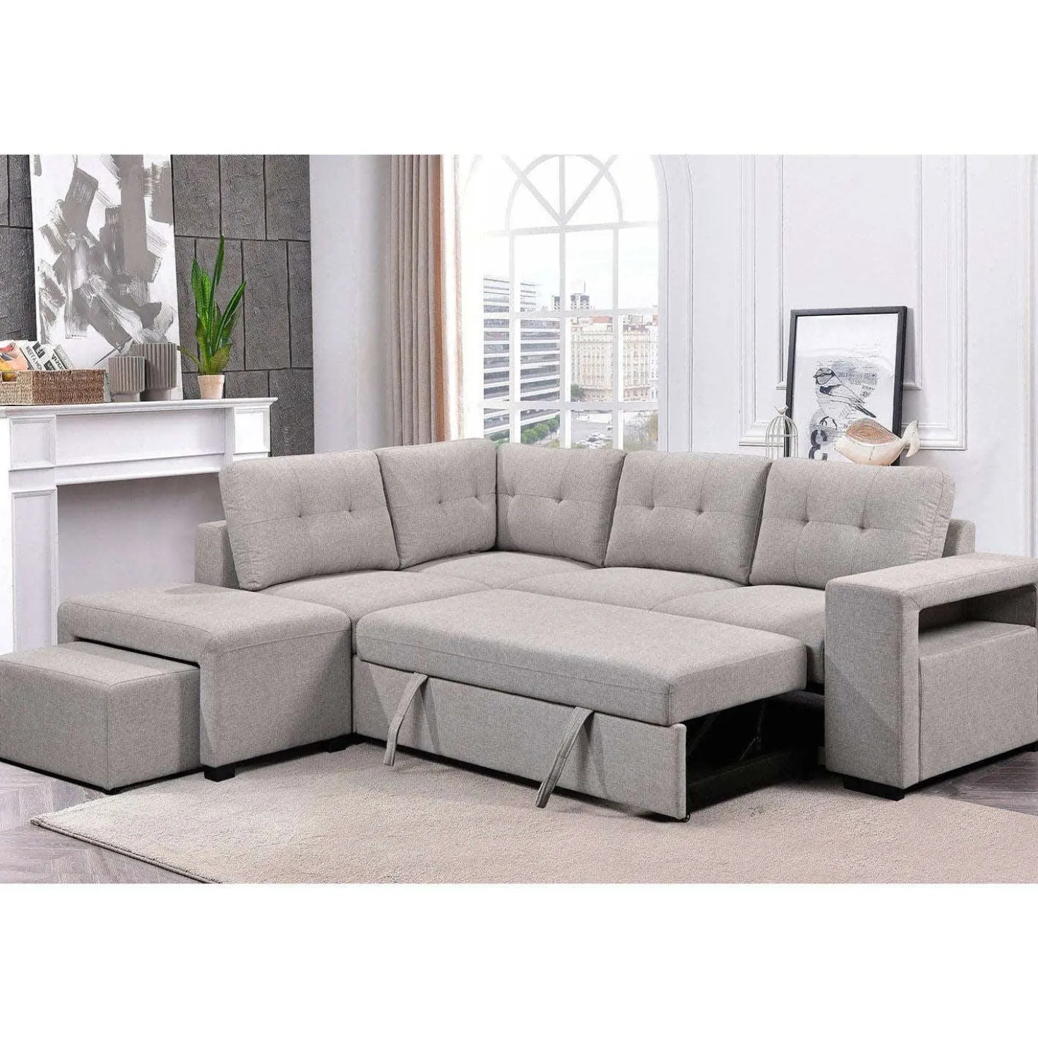 Sectionnel convertible avec chaise longue, rangement et 2 ottomans amovibles
