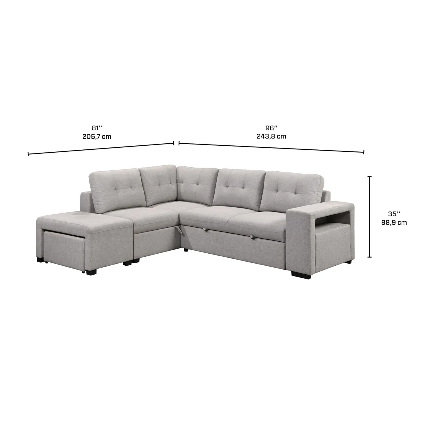 Sectionnel convertible avec chaise longue, rangement et 2 ottomans amovibles