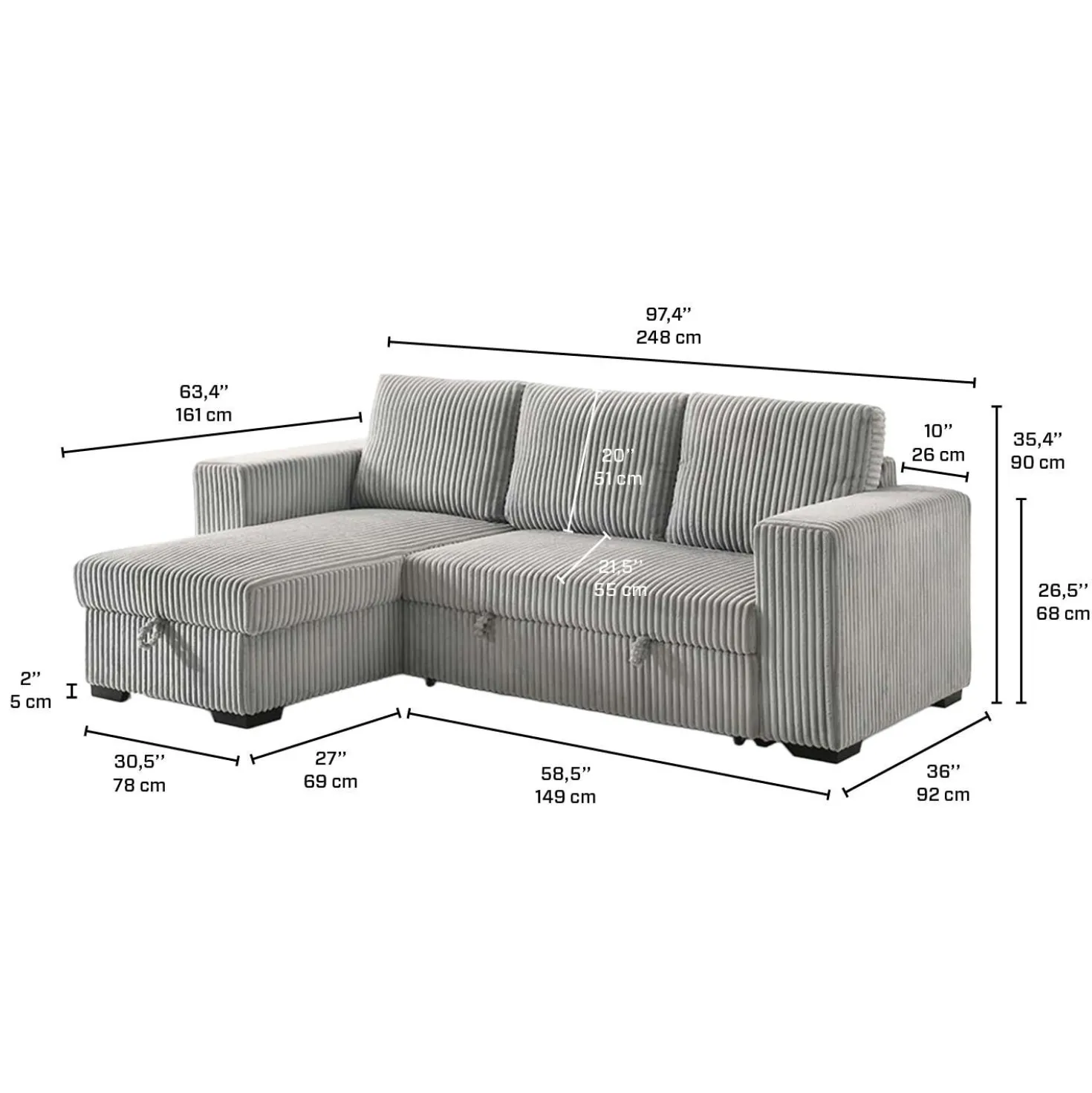 Sectionnel convertible réversible en velours côtelé avec rangement