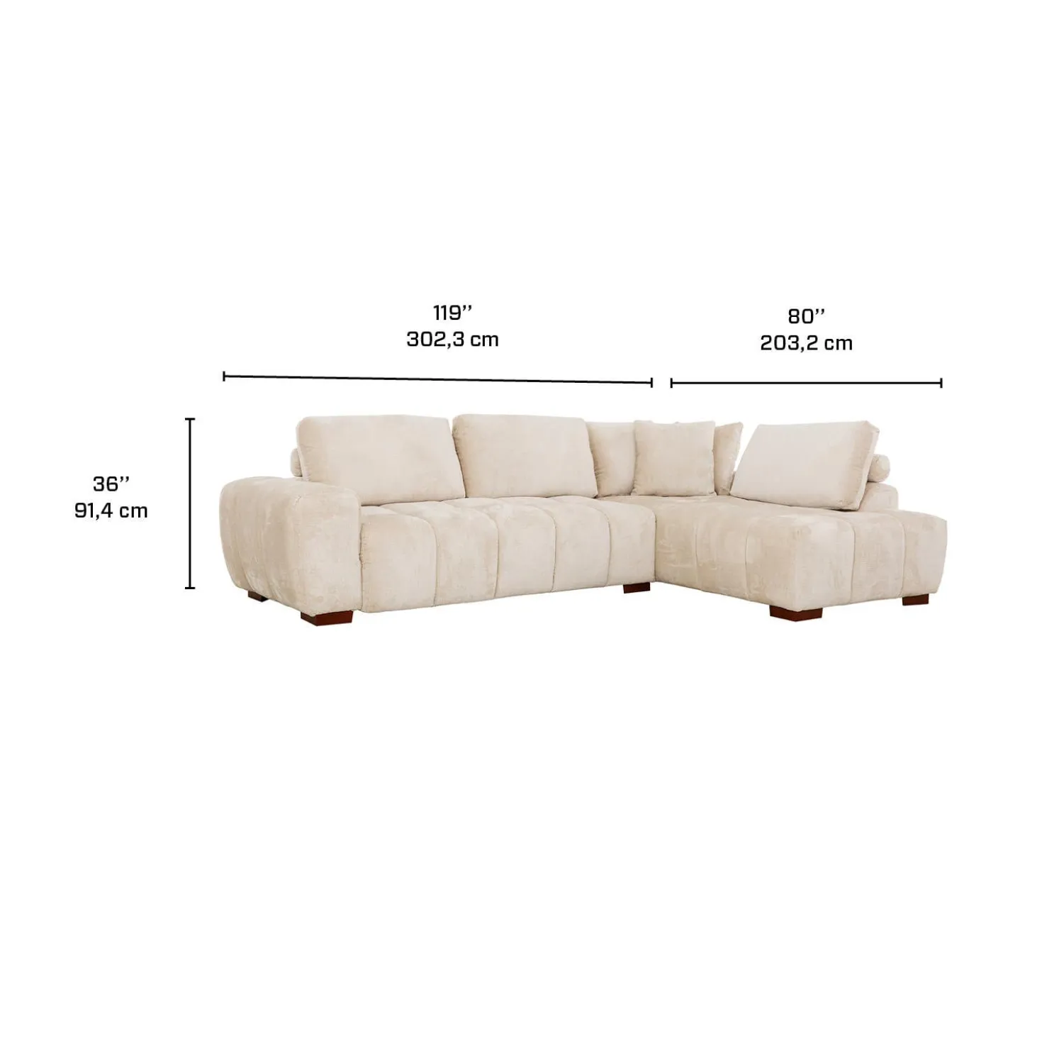 Sectionnel de style guimauve avec chaise longue à droite - crème