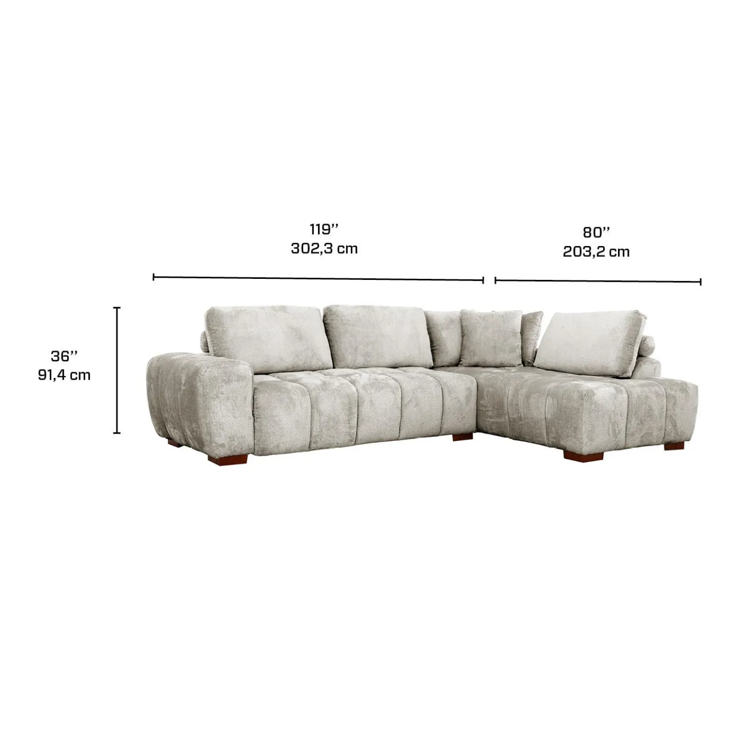 Sectionnel de style guimauve avec chaise longue à droite - gris